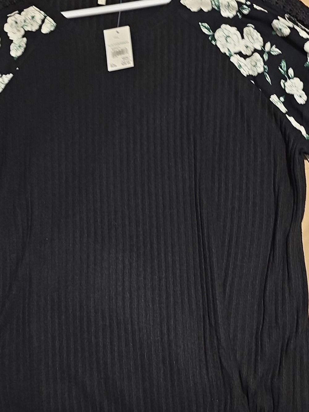 Cato Black Ribbed Long Sleeve Top with White Floral Shoulders